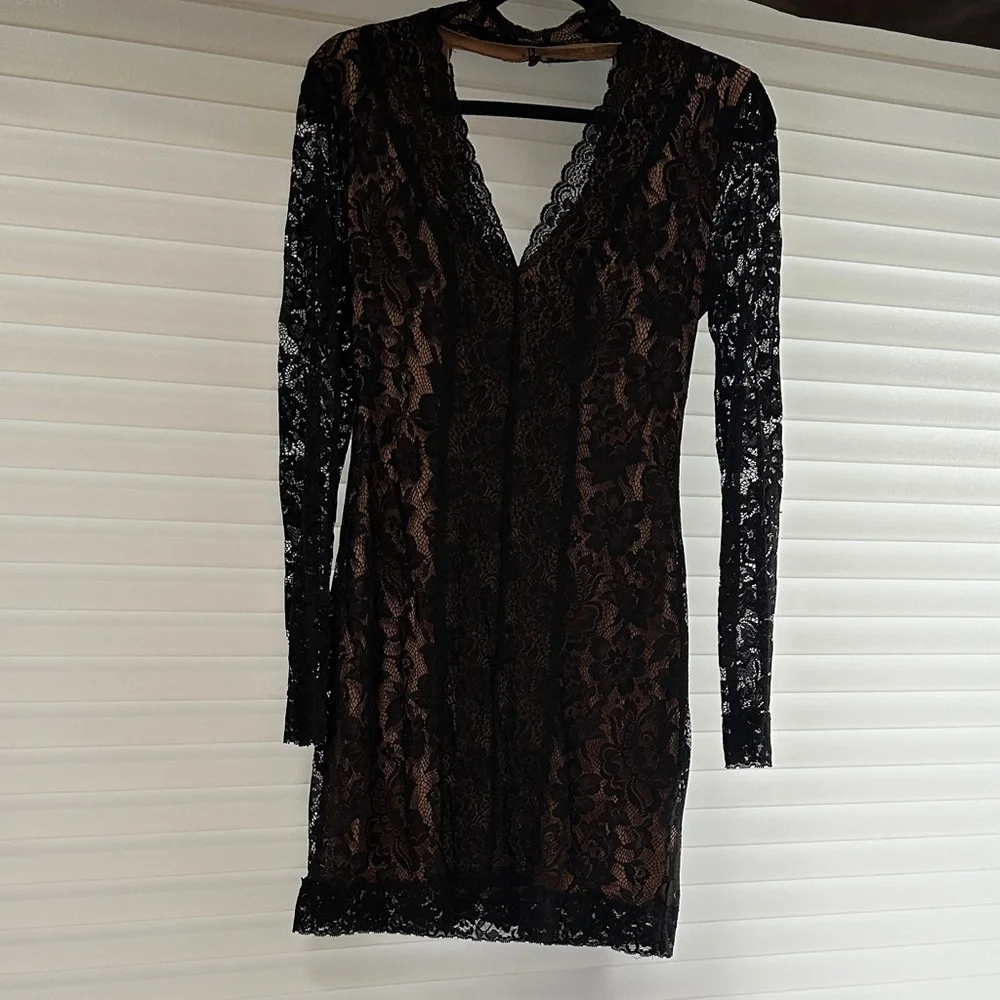 bebe Black and Brown Lace Long Sleeve Dress - Picture 1 of 3